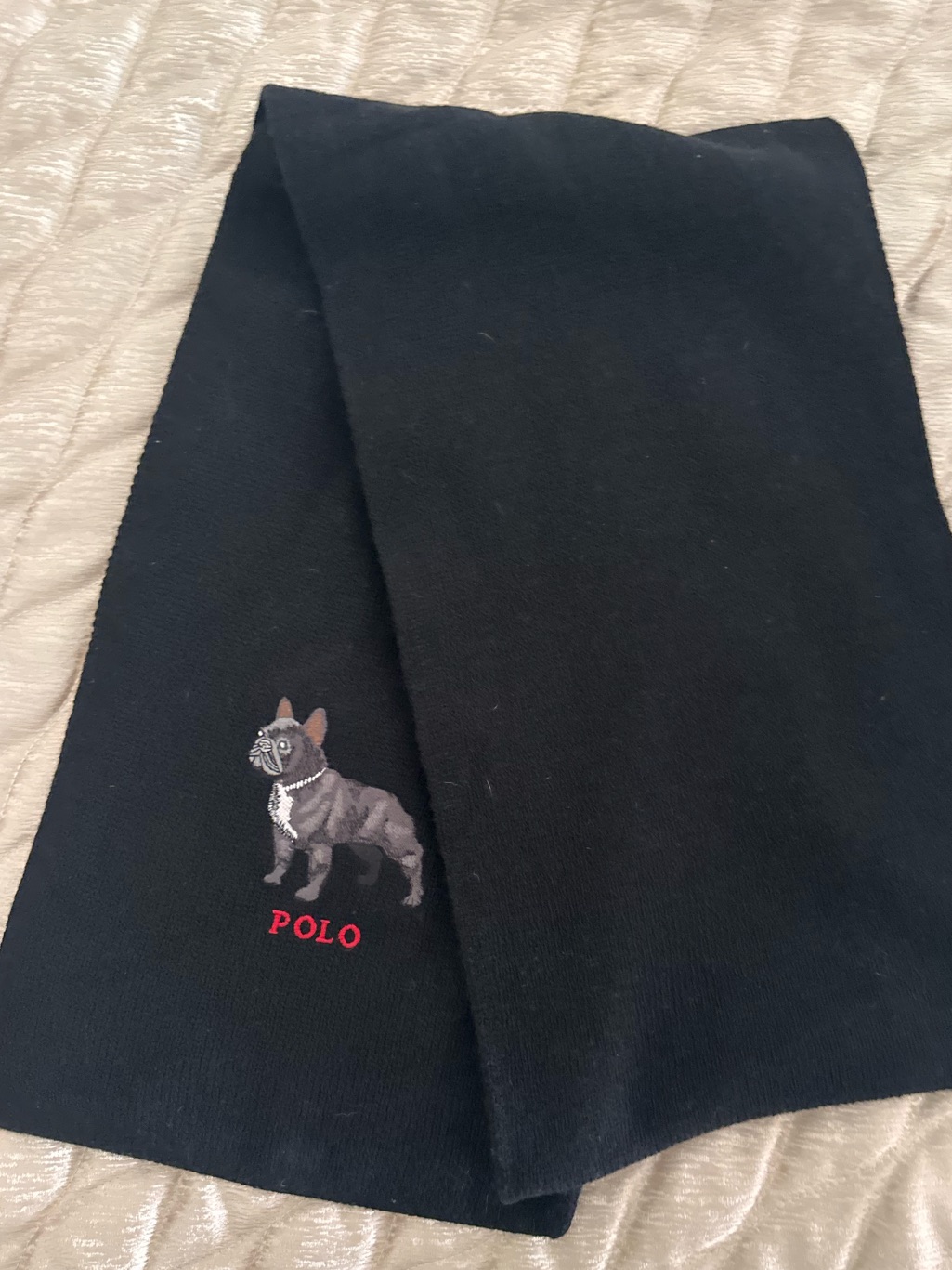 Polo Black Scarf With Embroidered French Bulldog New